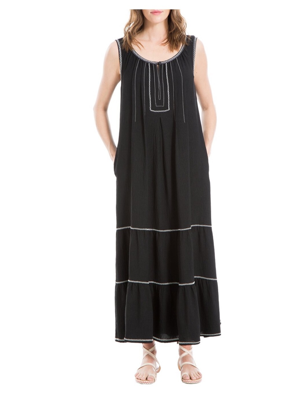 Max Studio Tiered Black Sleeveless Maxi Dress with Contrast Stitching Size XL